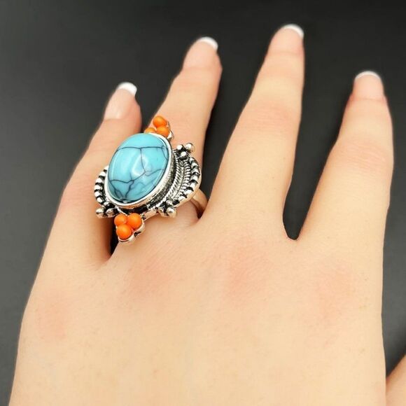 925 Sterling Silver with Turquoise and Enamel Boho Statement Ring Size 8 - Picture 9 of 9